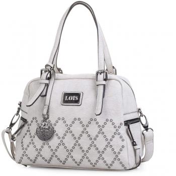 Lois - 93931 Bolso Mujer Bowling Bandolera Ajustable Doble asa con Cremallera. Bolsillos Exteriores con Cremallera. con Llavero. Piel sintética Polipiel, Color Blanco Roto