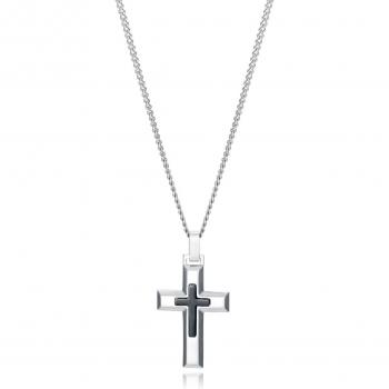 Collar Magnum de Acero con Cruz de Acero Pulido e Ip Negro para Hombre