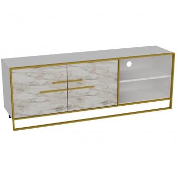 Mueble TV Anita Metal Dorado y Blanco con Efecto Mármol - 160 x 56.5 x 38.5 cm, Amplios Espacios de Almacenamiento