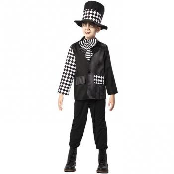 Disfraz de Sombrerero Loco Infantil con chaqueta larga, sombrero grande, pantalones a rayas y accesorios temáticos