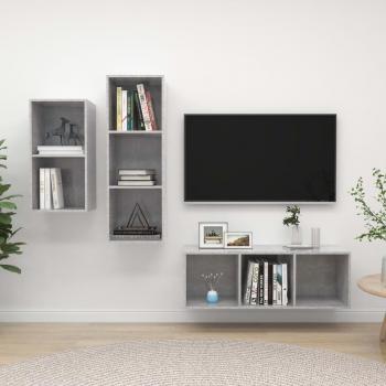 vidaXL Set de mueble para TV 3 piezas madera contrachapada, color gris hormigón, diseño moderno, incluye mesa de TV y dos estanterías laterales