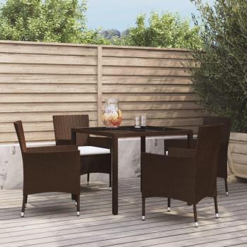 5-Piece Brown Poly Rattan Garden Dining Set with Cushions