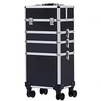 Maleta de Maquillaje Profesional AREBOS 4 en 1 con 4 Compartimentos, 1 Cajón, Ruedas 360°, Asa Telescópica y Forro de Terciopelo - Negra