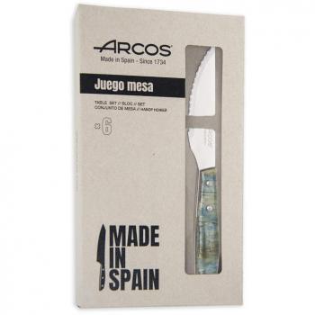 Arcos Set de 6 Cuchillos Chuleteros de Acero Inoxidable NITRUM con Hoja de 110 mm, Filo Serrado, Mango de Madera Comprimida en Color Azul