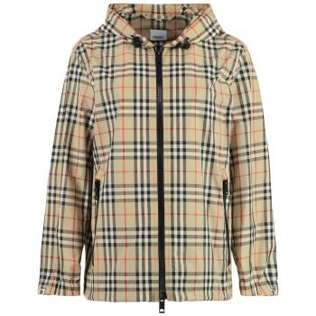 Burberry Women's Beige Hooded Windbreaker Jacket Size 10 with Everton Tartan Design