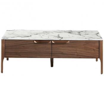 Mesa Centro Angel Cerda 2046C, Fibra de Vidrio Efecto Mármol, Nogal y Blanco, Chapa Nogal y Mármol Porcelánico, Dimensiones: 120 x 60 x 40 cm