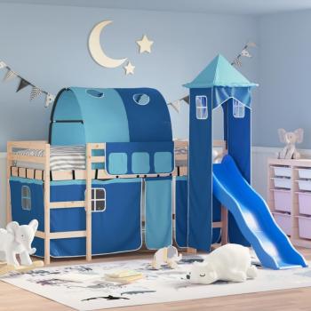 Cama alta infantil azul 80x200 cm de pino macizo con torre