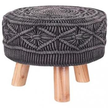 Reposapiés de Algodón Gris Grafito con Patas de Madera y Patrón Oriental Tejido Rustico