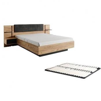 Cama con mesas de noche 160 x 200 cm - Con LEDs - Color: natural y antracita + Somier - ELYNIA