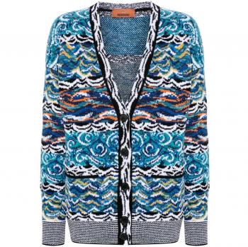 Missoni Women's Wool And Cotton Blend V-Necked Cardigan in Clear Blue | Size Large
