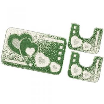 Juego de 3 Alfombrillas de Baño Antideslizantes y Absorbentes con Diseño de Corazones - Verde Suave 100% Made in Italy