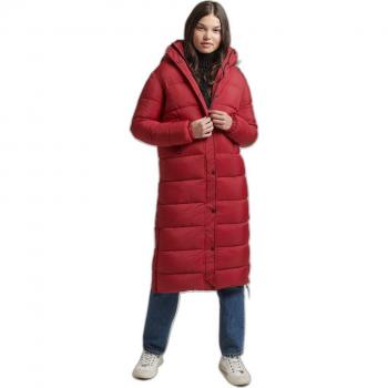 Superdry Women's Long Padded Down Jacket with Hood and Faux Fur Trim in Red