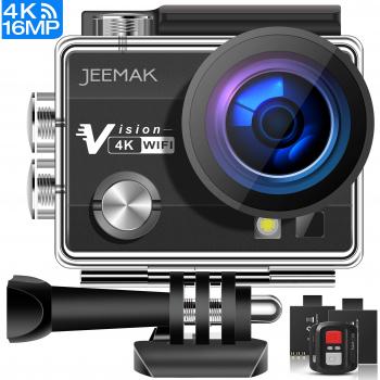 JEEMAK 4K Cámara Deportiva Impermeable 16MP Wifi Cámara de Acción con control remoto 2.4G. Pantalla LCD 2 Pulgadas. Angulo de visión 170º. Incluye 2 baterias, kit de accesorios y maletín de transporte.