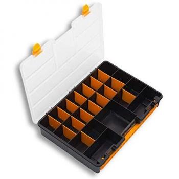 Organizador de plástico con tapa transparente y separadores extraíbles, dimensiones L443 x P317 x H80 mm