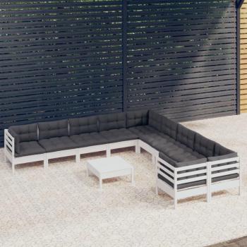 Set de Sofás de Jardín 11 Piezas con Almohadas Blancas de Madera de Pino