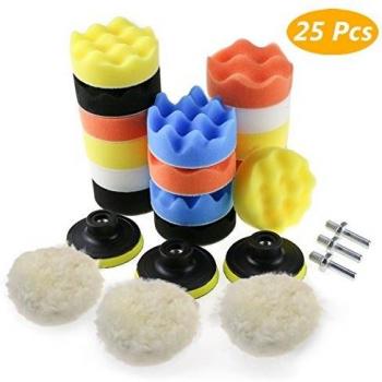 Zaeel Esponja pulido para coche, Kit de esponja pulir coche con adaptador de taladro y almohadillas de cera de lana, juego de almohadillas de pulido de 25 piezas para coche, pulidor y depilación