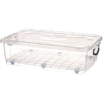 Organizador Bajo Cama Multifuncional con 6 Ruedas, Tapa y Asas - Caja de Plástico Transparente (40 Litros) para Ropa y Juguetes