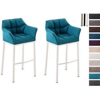 Set de 2 taburetes de bar Damaso en tela turquesa y blanco con base de 4 patas