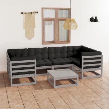 Juego de muebles de jardín 7 pzas con cojines gris madera pino