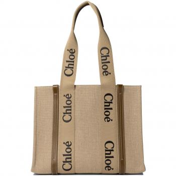 Chloé Woody Medium Linen & Leather Tote Bag, Beige, Female, Size: ONE SIZE