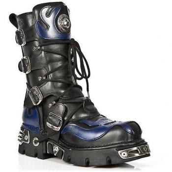 New Rock Unisex Black/Blue Leather Skull Devil Boots EU42