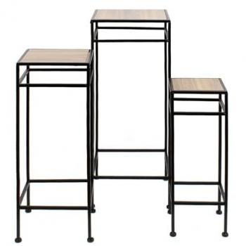 Set de 3 Mesas Auxiliares de Metal - Soportes Cuadrados para Decoración - Mesitas Ideales para Recibidor y Sala de Estar - Madera Natural