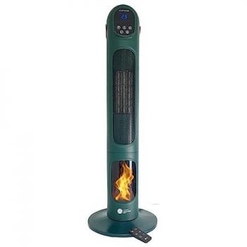 Calefactor eléctrico cerámico de torre oscilante con efecto llama, 90 cm de altura, bajo consumo, temporizador hasta 12 horas y función anti vuelco