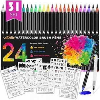 VACNITE Caja de 24 rotuladores con Punta de Pincel,Rotuladores acuarelables Profesionales,Punta Flexible Suave,Rotuladores Acuarelables para Dibujar, Cómic, Caligrafía, Diseño de Letras