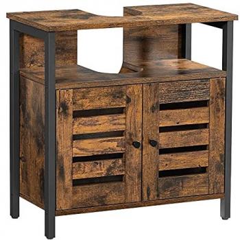 Mueble Bajo Lavabo de Baño - Armario con Estructura de Acero, Puertas estilo Persiana, Estante Ajustable, Dimensiones 60x30x60 cm, Color Marrón Rústico y Negro, Est