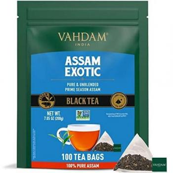 VAHDAM, Té Negro Assam (100 Bolsitas de Té) – Bolsas de Té Negro de Hoja Larga – RICO Y MALTEADO – Hojas Sueltas de Té Assam 100% Puro y Sin Mezclar en Bolsitas Piramidales