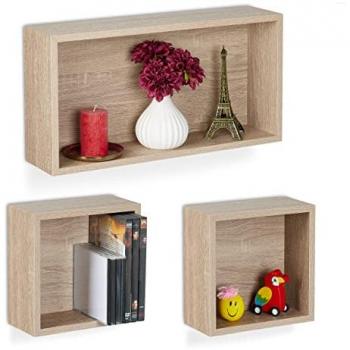 Estantería de Pared Cubo Natural, Set de 3, Estante Colgante Efecto Madera, 2 Tamaños (Rectangular y Cuadrado)
