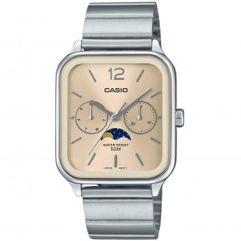 Casio Men's Quartz Moon Phase Stainless Steel Watch with Champagne Dial