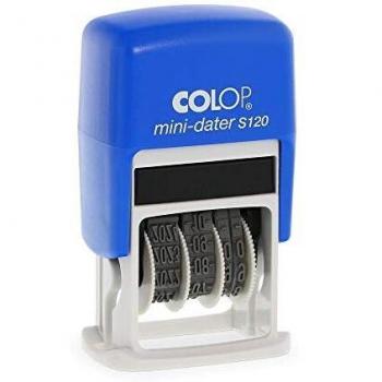 Sello de Fecha COLOP Mini Dater S120, Automático, 19 x 4 mm, Color Azul/Grey, Tinta Negra, Meses en Letras