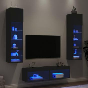 Muebles de TV de pared con LED 6 piezas en madera ingeniería y color negro