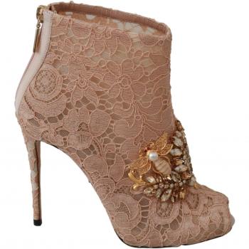 Dolce & Gabbana Pink Crystal Lace Booties Stilettos Shoes - EU36/US5.5, Heeled Boots, female, Pink, Size: 6 US Crystal Lace Stiletto Booties
