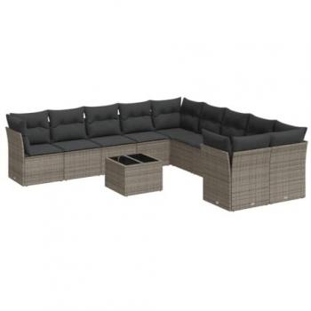 11-Piece Grey Poly Rattan Garden Sofa Set with Cushions