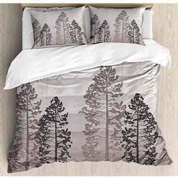 Juego de ropa de cama Country de 3 piezas Juego de funda nórdica, Pinos en el bosque en Foggy Seem Ombre Backdrop Wildlife Adventure Artwork, Juego de fundas de edredón / Qulit de 3 piezas con 2 funda