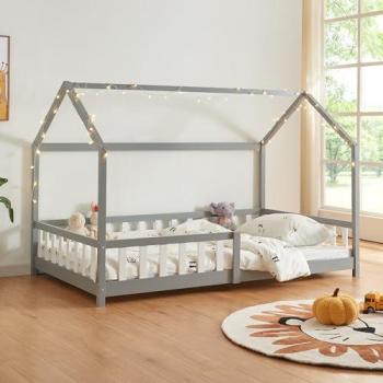 Cama Infantil Hesel en Forma de Casa de Pino con Reja 120x200 cm - Gris
