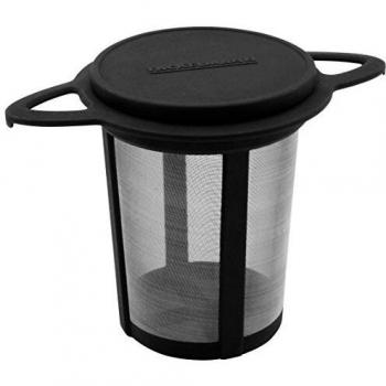 Filtro de Té Permanente Fackelmann, Infusor con Tapa y Asas, Acero Inoxidable y Plástico, Color Negro, 9x9x7 cm