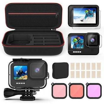 Kupton Kit de Accesorios para GoPro Hero 9, Incluye Carcasa Impermeable + Protector de Pantalla de Vidrio Templado + Funda para Transportar + Inserciones Anti-Neblina + Filtros Snorkel para GoPro 9