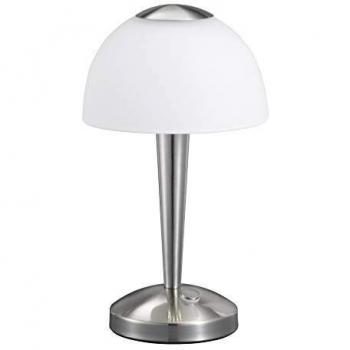 Lámpara de Mesa LED Ventura 5W, Dimmer 3 Niveles, Níquel Mate y Cristal Blanco, Altura 29 cm
