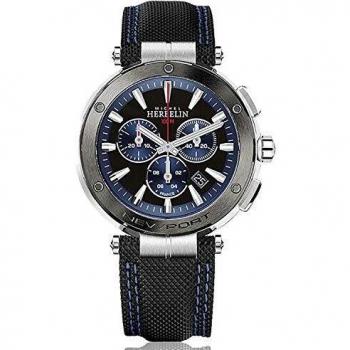 Michel Herbelin Newport Chronograph Quartz Watch for Men, 43mm Blue & Black Dial, Stainless Steel and Rubber Strap