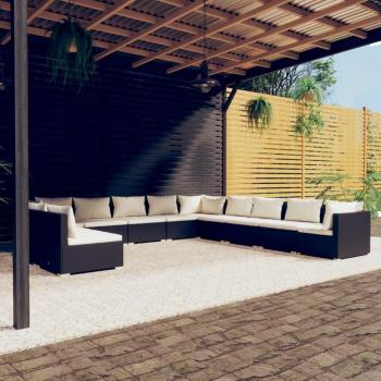 11 Piece Black Poly Rattan Garden Lounge Set with Cushions