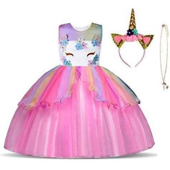URAQT Disfraz de Unicornio, Vestido de Princesa Unicornio para Niñas, Vestido Elegante con Collar/Diadema para Cumpleaños/Cosplay/Boda, Edad 2-10 Años