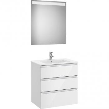 Conjunto de mueble de baño Roca The Gap con 3 cajones, lavabo y espejo con LED, color blanco brillo, medidas: 705 mm