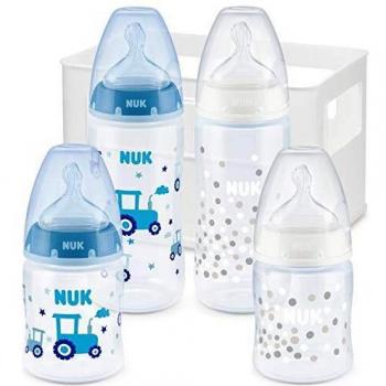 NUK First Choice+ Biberones de bebé, anticólicos, 0-6 meses, con control de temperatura, tetina de silicona, sin BPA, azul, 300 ml, 4 unidades