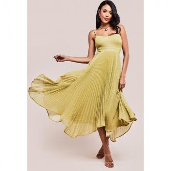 Goddiva Tie Back Pleated Lurex Skater Midi Dress - Gold - Size 8 UK