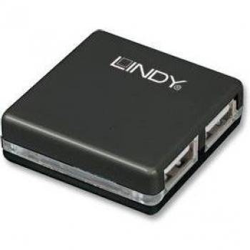 Lindy 42742 Mini Hub USB 2.0 de 4 Puertos, 480 Mbit/s, Color Negro