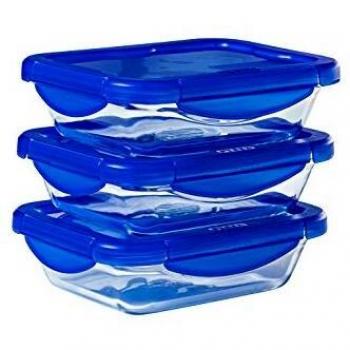 Set de 3 Fiambreras Rectangulares Pyrex Cook & Go de Vidrio con Tapa Hermética - 0,8 L Azul