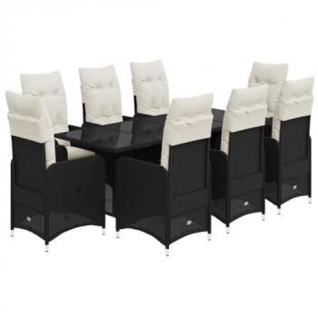 9-Piece Black Poly Rattan Garden Bistro Set with Cushions